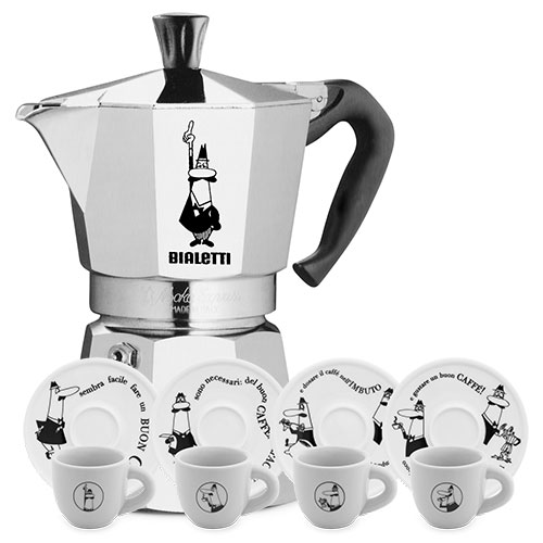 Bialetti Moka Express 3-kops + Carosello espresso kop en schotel 4 stuks