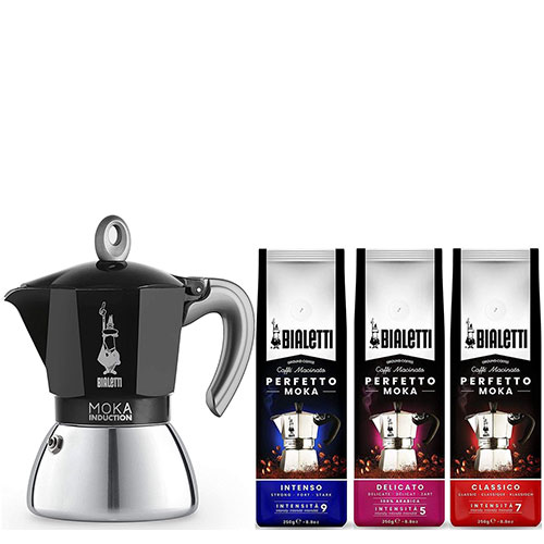 Bialetti Moka Inductie Zwart 6-kops + Koffie Proefpakket