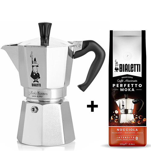 Bialetti Moka Express 6 kops + Perfetto Moka Nocciola koffie 250gr